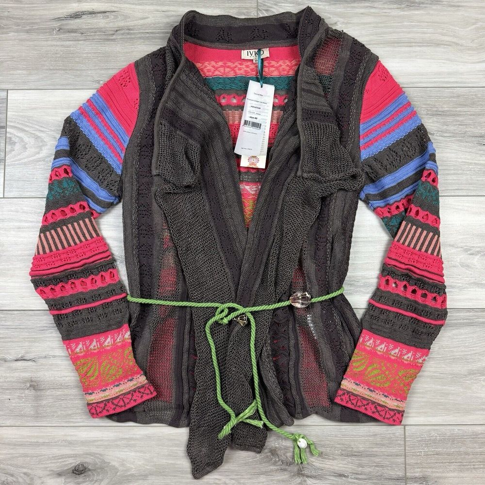 Ivko Wrapover Cardigan Embroidered Belted Boho Geometric Linen Blend Sz 40 US L